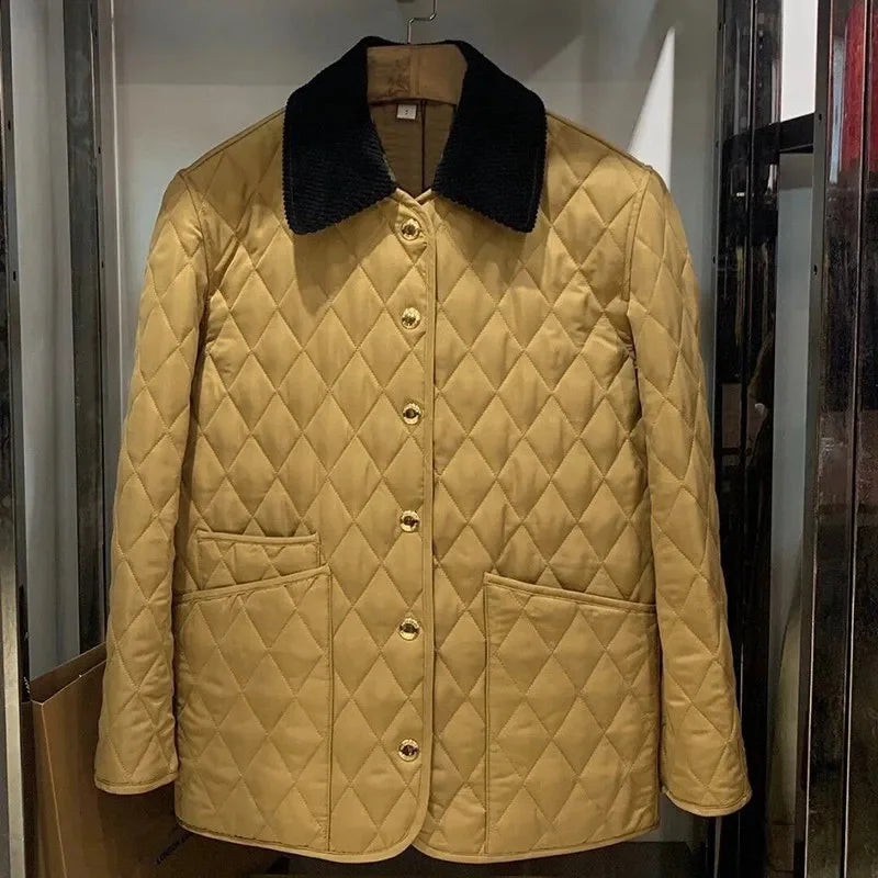 Autumn Winter Puffer Coats 2025 Women's Straight Loose Diamond Cotton Coat Long Sleeve Tops Fashion Pocket Cotton-Padded Jacket