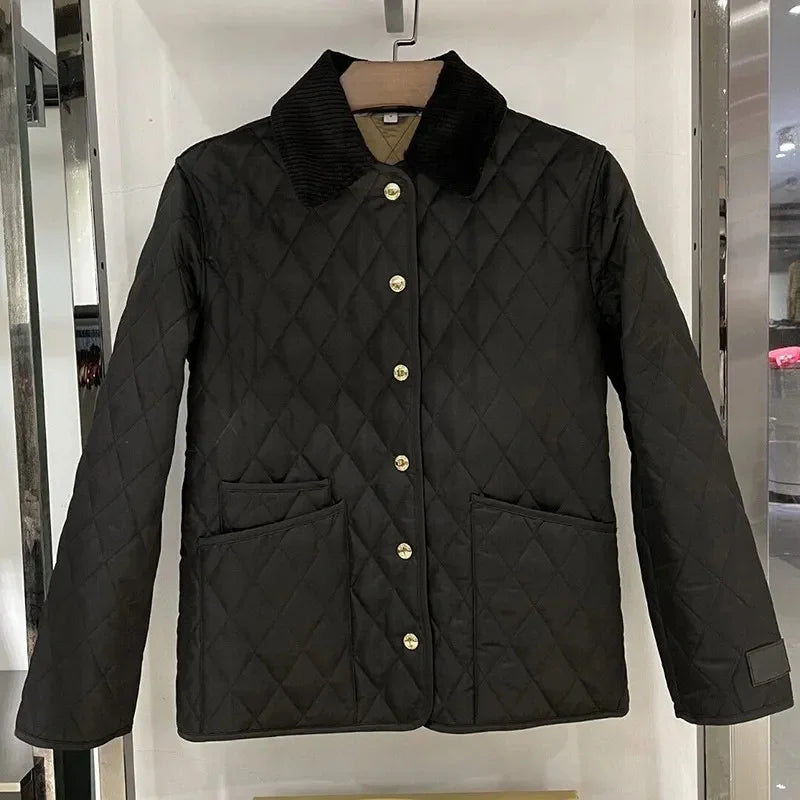 Autumn Winter Puffer Coats 2025 Women's Straight Loose Diamond Cotton Coat Long Sleeve Tops Fashion Pocket Cotton-Padded Jacket